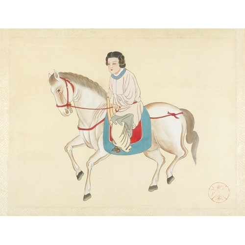 83 - Figure on horseback, Chinese painting on silk with red seal marks, mounted, framed and glazed, 65cm ... 