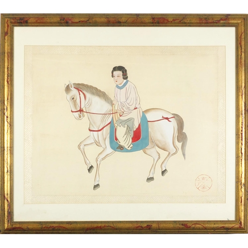 83 - Figure on horseback, Chinese painting on silk with red seal marks, mounted, framed and glazed, 65cm ... 