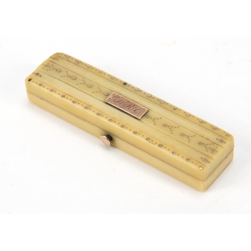 36 - Georgian ivory and gold pique work toothpick case with velvet lined interior, 5.7cm wide