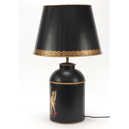 847 - Toleware table lamp and shade hand painted with coat of arms, 72cm high