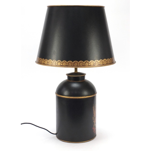 847 - Toleware table lamp and shade hand painted with coat of arms, 72cm high