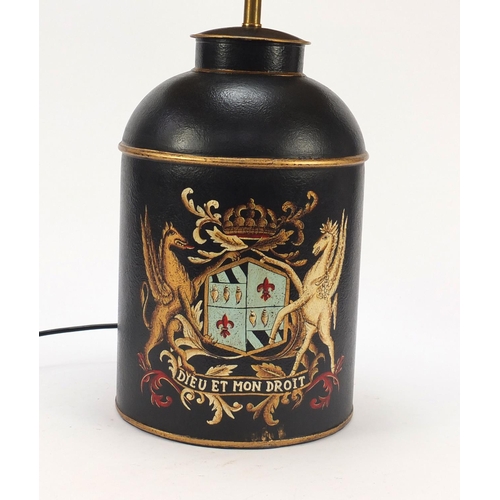 846 - Toleware table lamp and shade hand painted with coat of arms, 72cm high