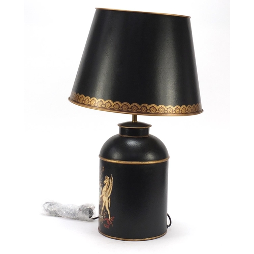 846 - Toleware table lamp and shade hand painted with coat of arms, 72cm high