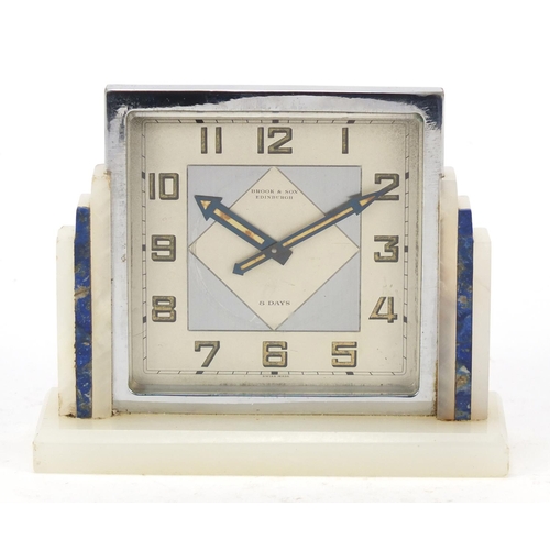 19 - Art Deco onyx lapis lazuli and chrome eight day desk clock with silvered dial having Arabic numerals... 
