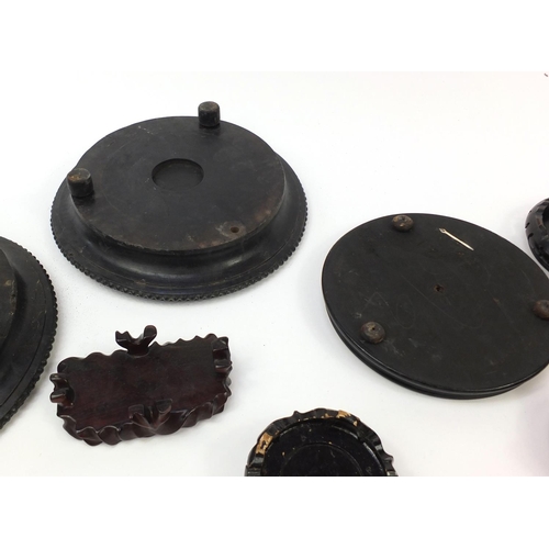 173 - Chinese carved soapstone figure of an Elder and collection of Chinese carved hardwood stands, each 3... 