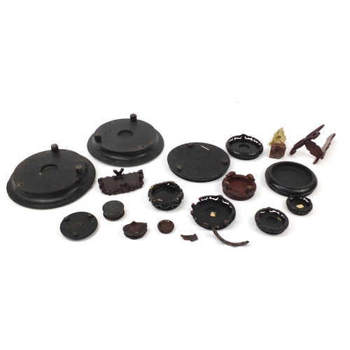 173 - Chinese carved soapstone figure of an Elder and collection of Chinese carved hardwood stands, each 3... 