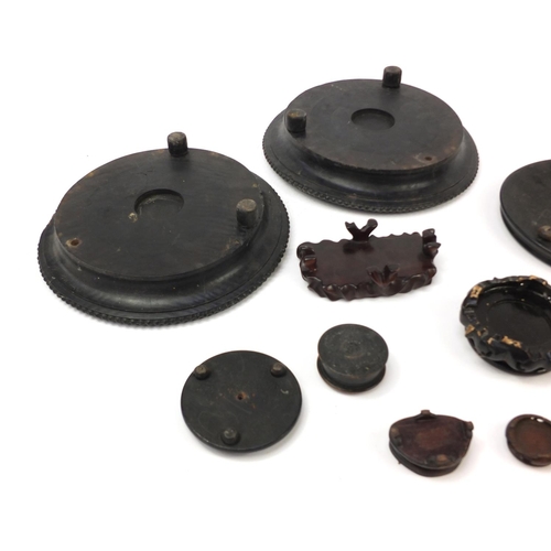 173 - Chinese carved soapstone figure of an Elder and collection of Chinese carved hardwood stands, each 3... 