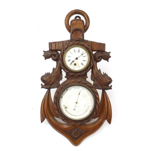 120 - Oak anchor design wall clock and barometer carved with dolphins by F Wiggins & Sons of London, 53cm ... 