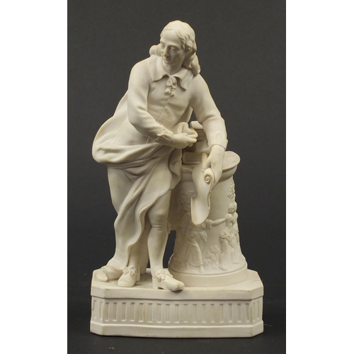 147 - Victorian parian figure of a man beside a pillar holding a scroll, 24.5cm high