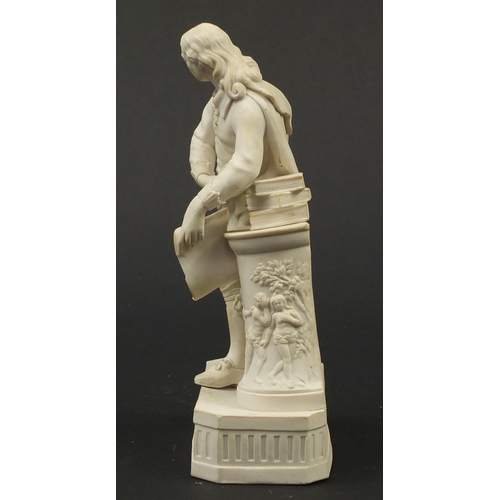 147 - Victorian parian figure of a man beside a pillar holding a scroll, 24.5cm high
