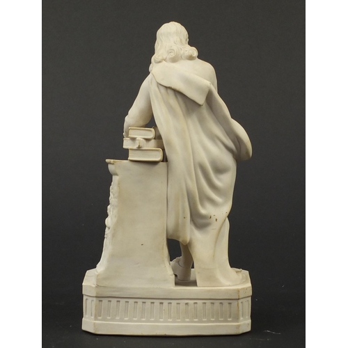 147 - Victorian parian figure of a man beside a pillar holding a scroll, 24.5cm high