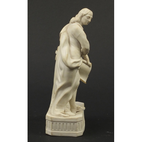 147 - Victorian parian figure of a man beside a pillar holding a scroll, 24.5cm high