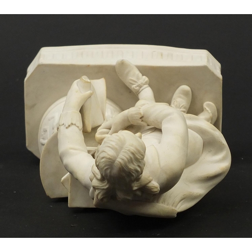 147 - Victorian parian figure of a man beside a pillar holding a scroll, 24.5cm high