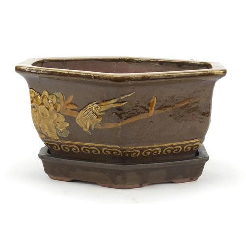 1772 - Chinese stoneware hexagonal planter on stand hand painted with birds amongst flowers, 18cm high x 32... 