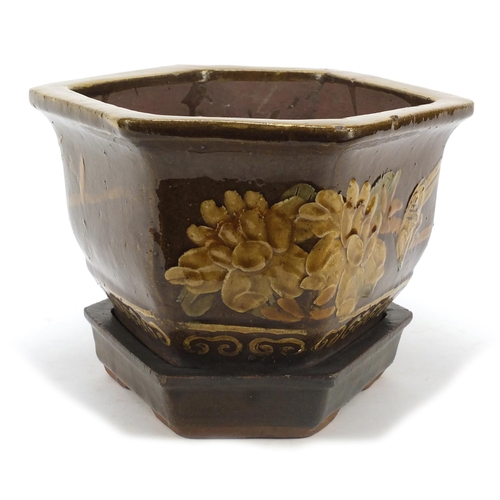 1772 - Chinese stoneware hexagonal planter on stand hand painted with birds amongst flowers, 18cm high x 32... 