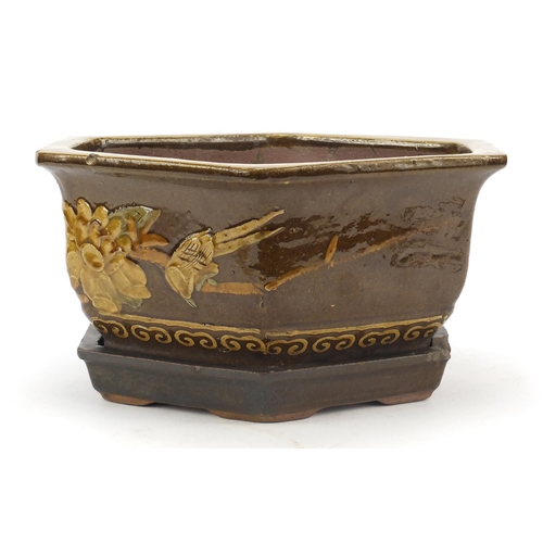 1772 - Chinese stoneware hexagonal planter on stand hand painted with birds amongst flowers, 18cm high x 32... 