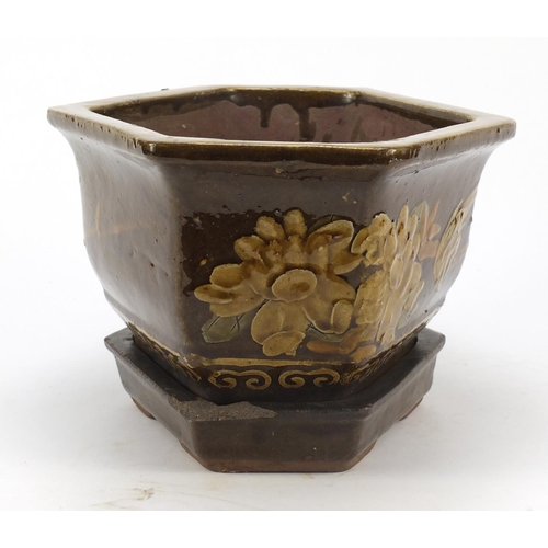 1772 - Chinese stoneware hexagonal planter on stand hand painted with birds amongst flowers, 18cm high x 32... 