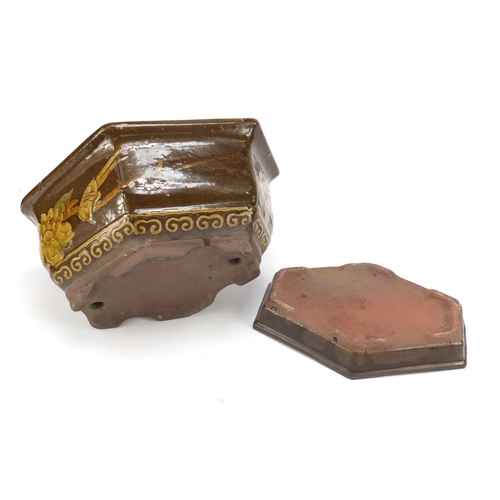 1772 - Chinese stoneware hexagonal planter on stand hand painted with birds amongst flowers, 18cm high x 32... 