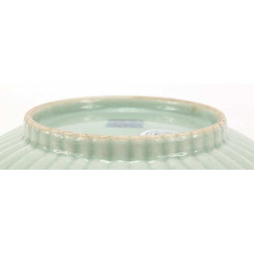 169 - Good Chinese porcelain shallow flower head dish having a celadon glaze, six figure Qianlong characte... 