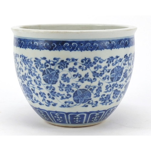 80 - Chinese blue and white porcelain jardiniere, finely hand painted with flower heads amongst scrolling... 