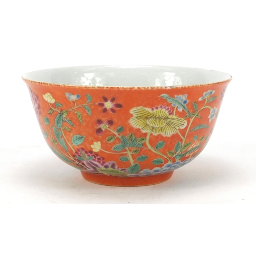 167 - Chinese porcelain orange ground bowl, hand painted in the famille rose palette with blossoming flowe... 