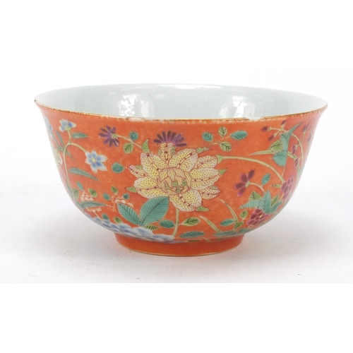 167 - Chinese porcelain orange ground bowl, hand painted in the famille rose palette with blossoming flowe... 