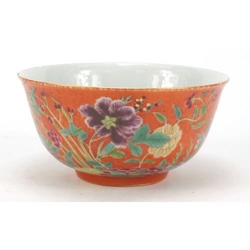 167 - Chinese porcelain orange ground bowl, hand painted in the famille rose palette with blossoming flowe... 