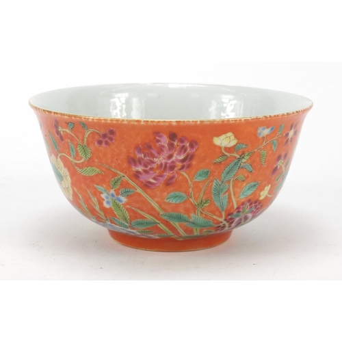 167 - Chinese porcelain orange ground bowl, hand painted in the famille rose palette with blossoming flowe... 