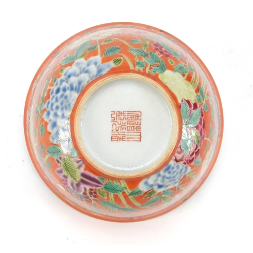 167 - Chinese porcelain orange ground bowl, hand painted in the famille rose palette with blossoming flowe... 