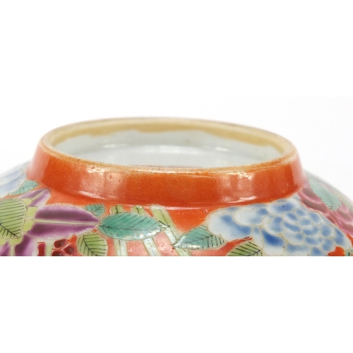 167 - Chinese porcelain orange ground bowl, hand painted in the famille rose palette with blossoming flowe... 