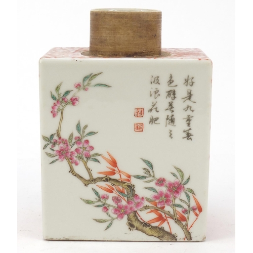 166 - Good Chinese porcelain square section tea caddy, hand painted in the famille rose palette with flowe... 