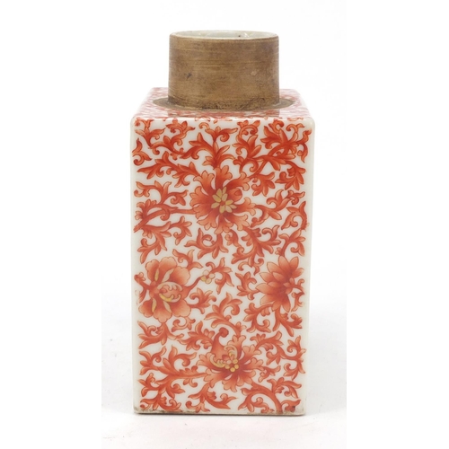 166 - Good Chinese porcelain square section tea caddy, hand painted in the famille rose palette with flowe... 