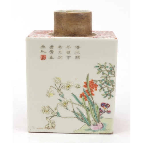 166 - Good Chinese porcelain square section tea caddy, hand painted in the famille rose palette with flowe... 