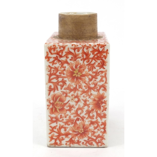 166 - Good Chinese porcelain square section tea caddy, hand painted in the famille rose palette with flowe... 