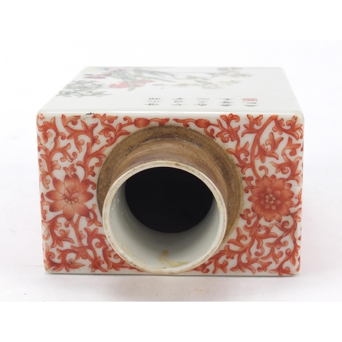 166 - Good Chinese porcelain square section tea caddy, hand painted in the famille rose palette with flowe... 