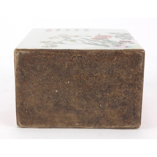 166 - Good Chinese porcelain square section tea caddy, hand painted in the famille rose palette with flowe... 