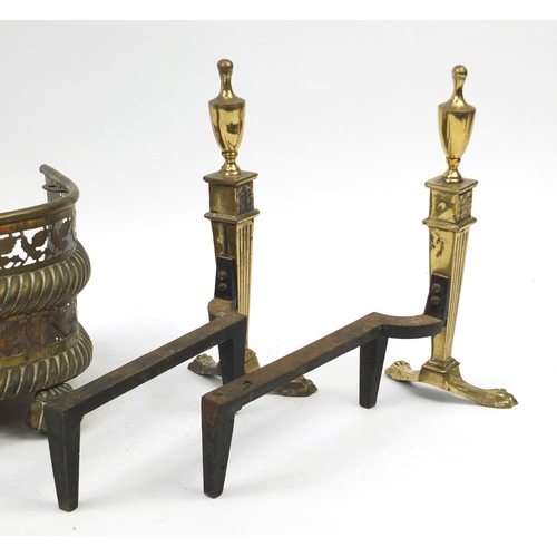 2239 - Pair of Regency brass fire dogs with paw feet and a Victorian brass fender