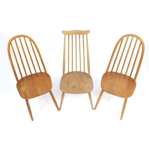 858A - Three Ercol style dining chairs, the largest, 99cm high