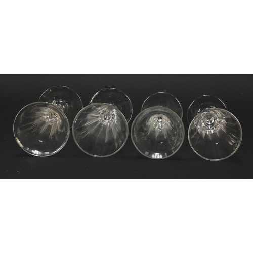 140 - Eight 18th/19th century Champagne flutes with blade collars and knopped stems, the largest 15.5cm hi... 