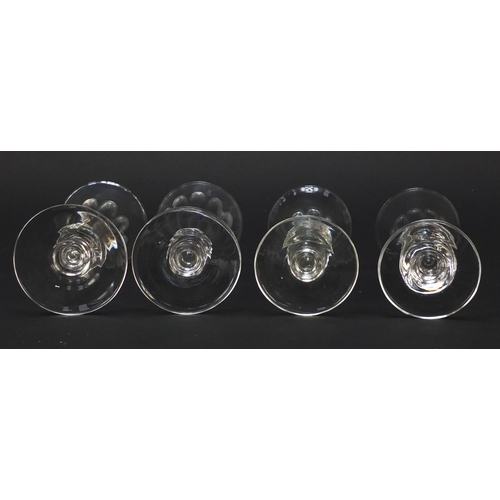 140 - Eight 18th/19th century Champagne flutes with blade collars and knopped stems, the largest 15.5cm hi... 