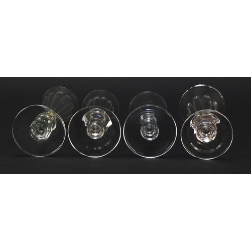 140 - Eight 18th/19th century Champagne flutes with blade collars and knopped stems, the largest 15.5cm hi... 