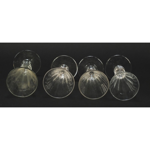 141 - Eight 18th/19th century Champagne flutes with blade collars and knopped stems, the largest 18cm high