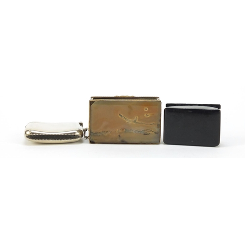 117 - Silver vesta case and two snuff boxes including a brass mounted moss agate example, the vesta Cheste... 
