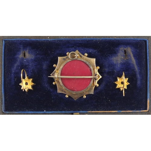69 - Victorian 15ct gold brooch and earrings, set with diamonds, housed in a W Sawdon fitted case, the br... 