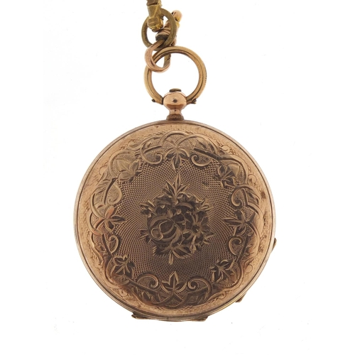 28 - Continental 9ct gold ladies open face pocket watch, 4.5cm in diameter, 29.0g