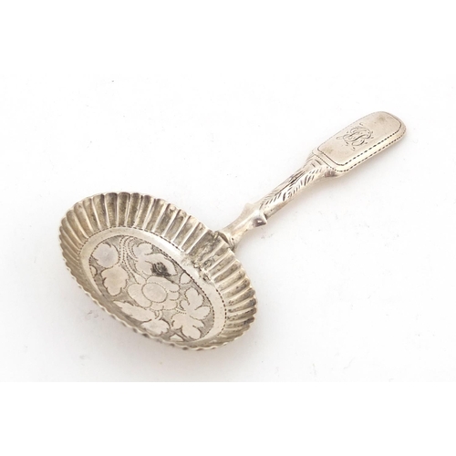 34 - George III silver caddy spoon by John Thropp, Birmingham 1813, the bowl engraved with flowers, 8cm i... 