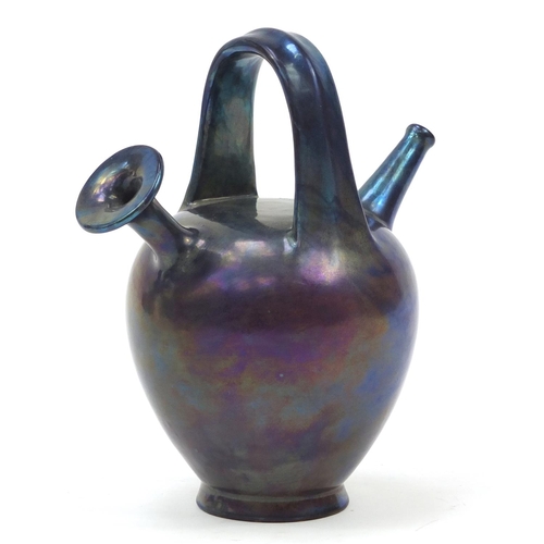 129 - Early 20th century Zsolnay Pecs pottery twin spouted ewer, painted impressed marks to the base, 19.5... 