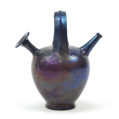 129 - Early 20th century Zsolnay Pecs pottery twin spouted ewer, painted impressed marks to the base, 19.5... 
