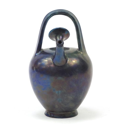 129 - Early 20th century Zsolnay Pecs pottery twin spouted ewer, painted impressed marks to the base, 19.5... 