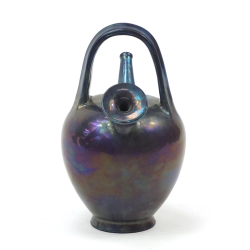 129 - Early 20th century Zsolnay Pecs pottery twin spouted ewer, painted impressed marks to the base, 19.5... 